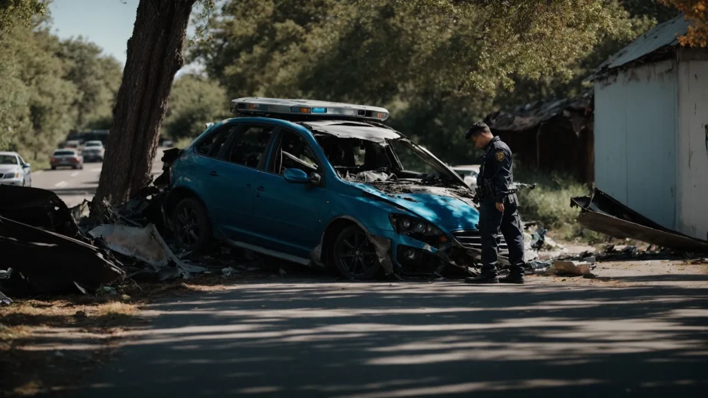 a somber scene of a damaged car by the roadside, with a clear blue sky overhead and a police officer examining the wreckage, symbolizing the complexities and challenges of navigating the car insurance claims process after an accident.