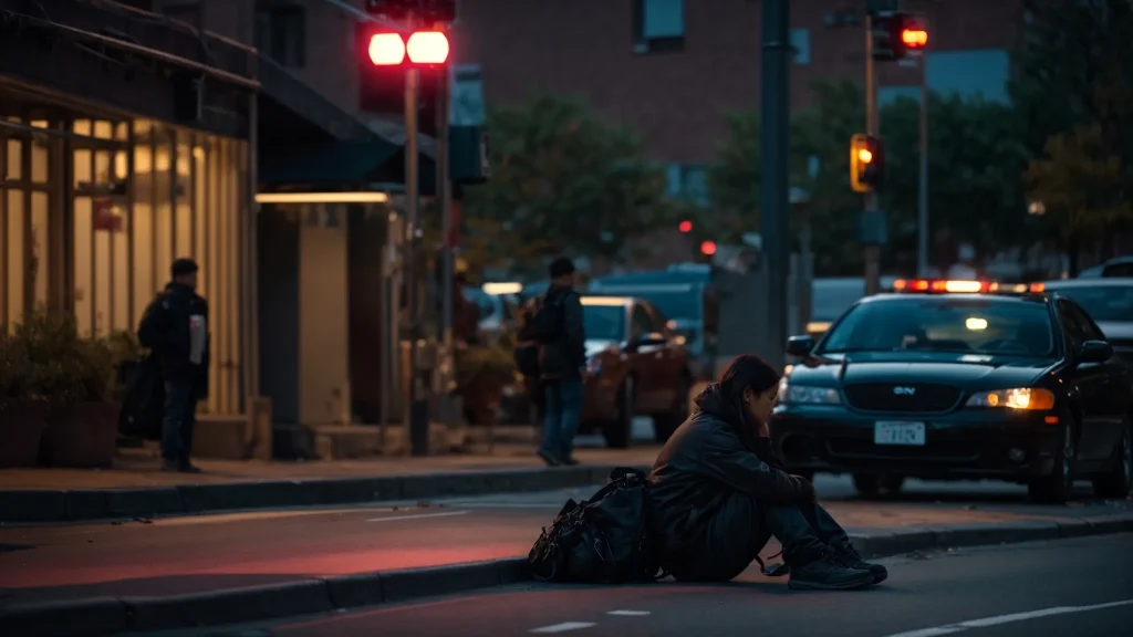 a somber urban street scene at dusk captures an injured pedestrian sitting on the curb, with emergency lights flashing in the foreground, emphasizing the gravity of pedestrian rights and the aftermath of a car accident.