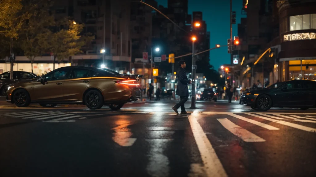 a somber urban street scene captures a reflective moment of a pedestrian standing at a crosswalk, surrounded by blurred vehicles, symbolizing the crucial intersection of pedestrian rights and insurance coverage after a car accident, bathed in ambient twilight lighting for dramatic effect.