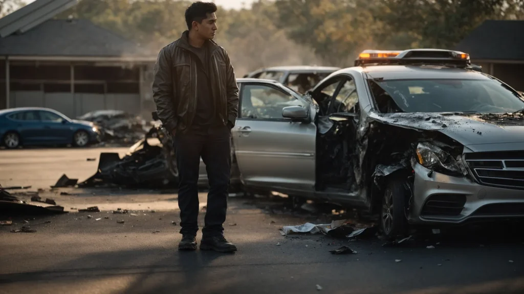 a somber yet determined driver stands beside a damaged car, documenting the accident scene under a soft afternoon light, with scattered debris and a distant emergency vehicle reflecting the urgency of the moment.