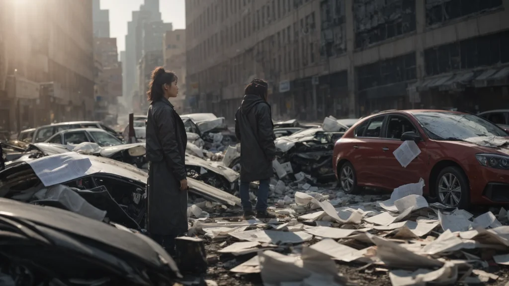 a somber yet empowering scene depicting a person standing beside a damaged car, surrounded by scattered medical documents, with a blurred city backdrop symbolizing the complex journey of navigating insurance claims after an auto accident.