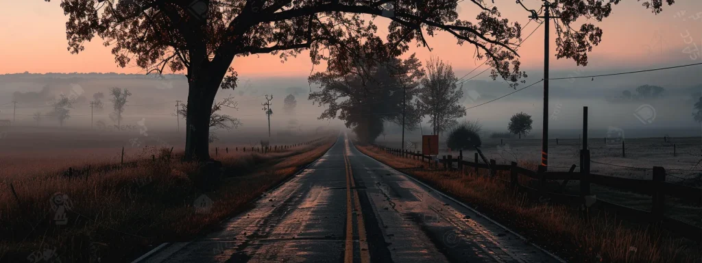 a somber yet hopeful scene captures a sunrise over a quiet road, symbolizing the potential for justice and healing for car accident victims navigating legal complexities.