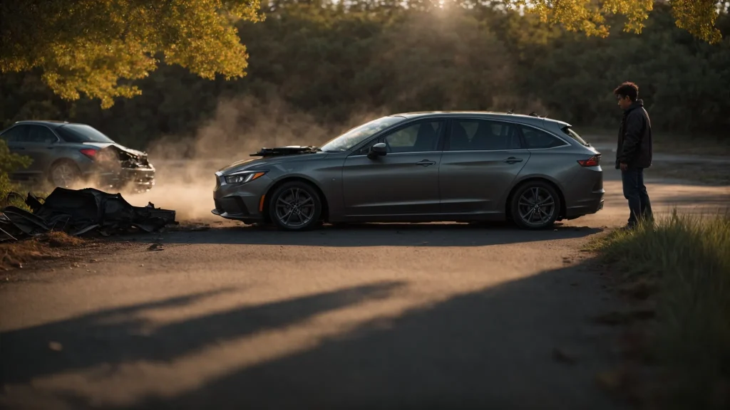 a somber yet hopeful scene captures an individual standing beside a damaged vehicle, reflecting on the multifaceted journey of recovery after an auto accident, with soft evening light casting gentle shadows to emphasize the emotional weight of the moment.