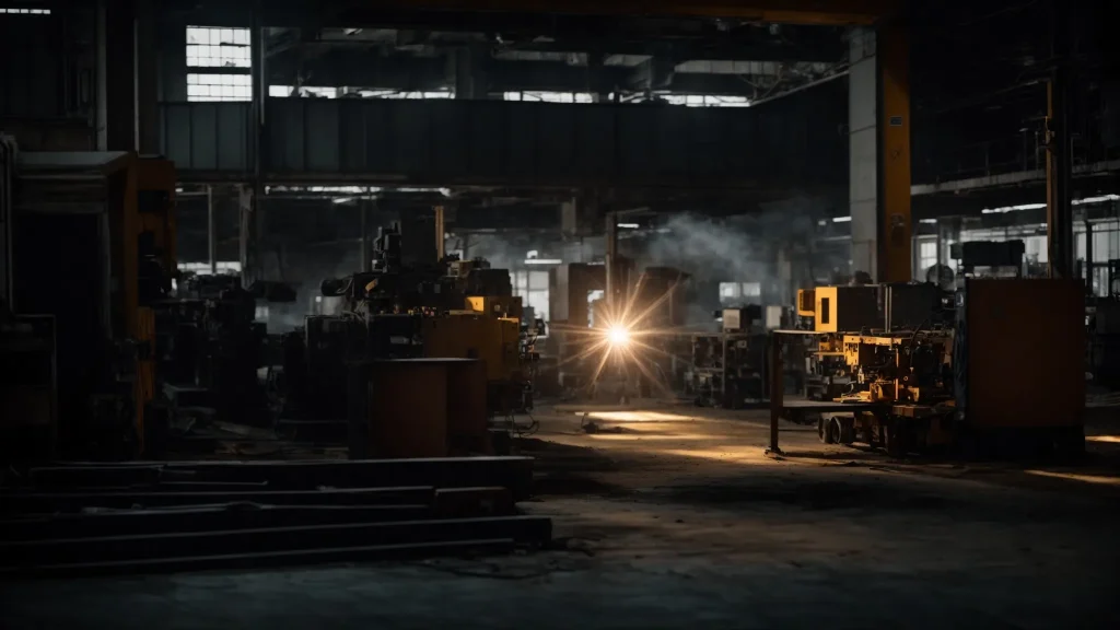 a somber yet illuminating scene capturing an industrial workspace with a focused beam of light highlighting a damaged machinery component, symbolizing the critical need for awareness and guidance in the aftermath of a workplace accident.