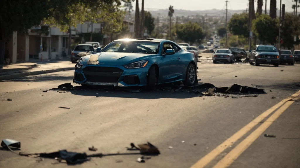a somber yet impactful scene of a car accident aftermath in california, showcasing a damaged vehicle on a sunlit street, symbolizing the urgency of seeking legal guidance before the looming deadline of the statute of limitations.