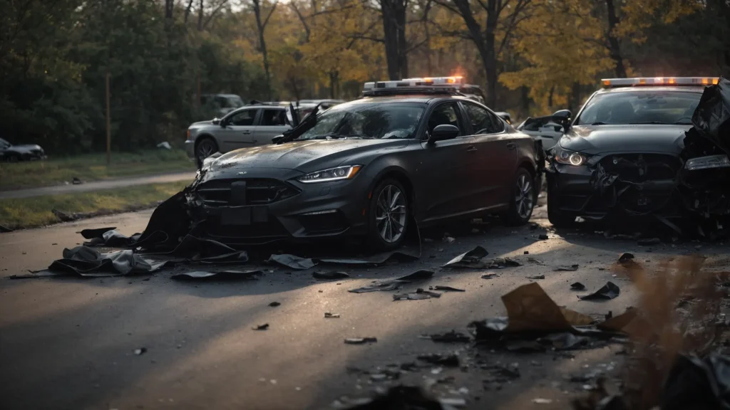 a somber yet powerful depiction of a car accident scene in indiana, with a crumpled vehicle surrounded by emergency responders, capturing the emotional weight and financial implications of the aftermath.