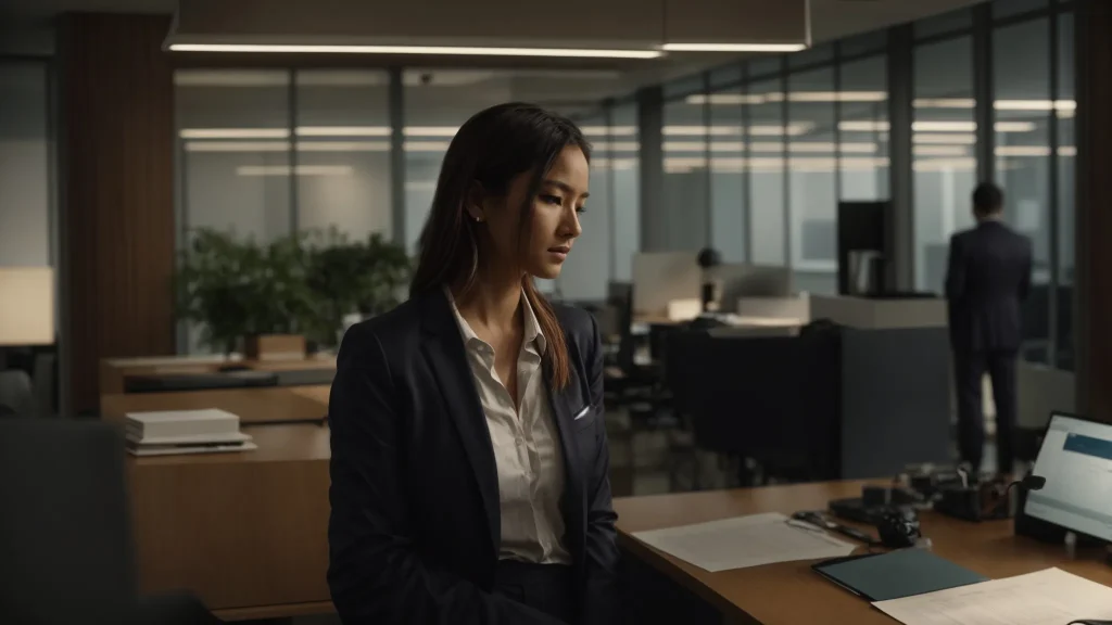 a somber yet resolute individual stands in an office setting, thoughtfully reviewing a settlement offer on a desk, symbolizing the critical decision-making process following an automobile accident.