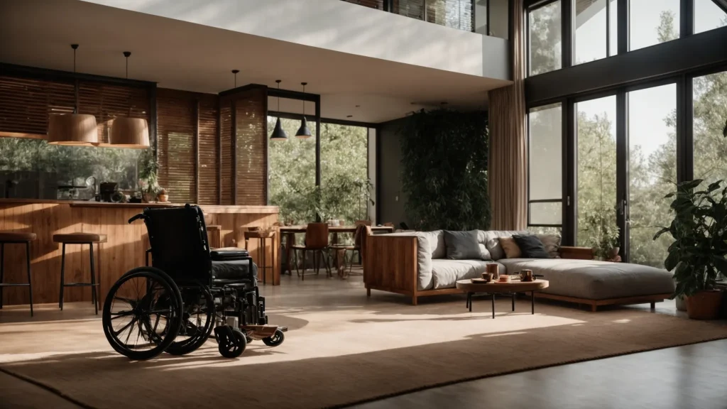 a somber yet striking image of a cozy yet modified living space, highlighting a wheelchair ramp and adapted furniture, illuminated by warm natural light, symbolizing the silent struggle of navigating daily living expenses following a machinery-related injury.