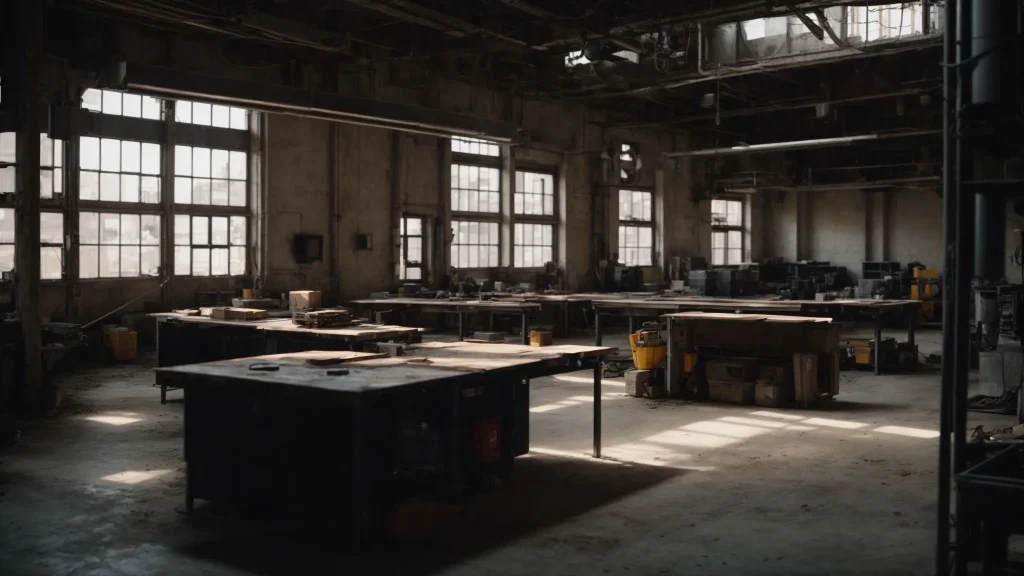 a stark, industrial workspace illuminated by harsh overhead lights reveals a series of abandoned safety equipment, symbolizing the hidden costs of legal compliance and workplace injuries.