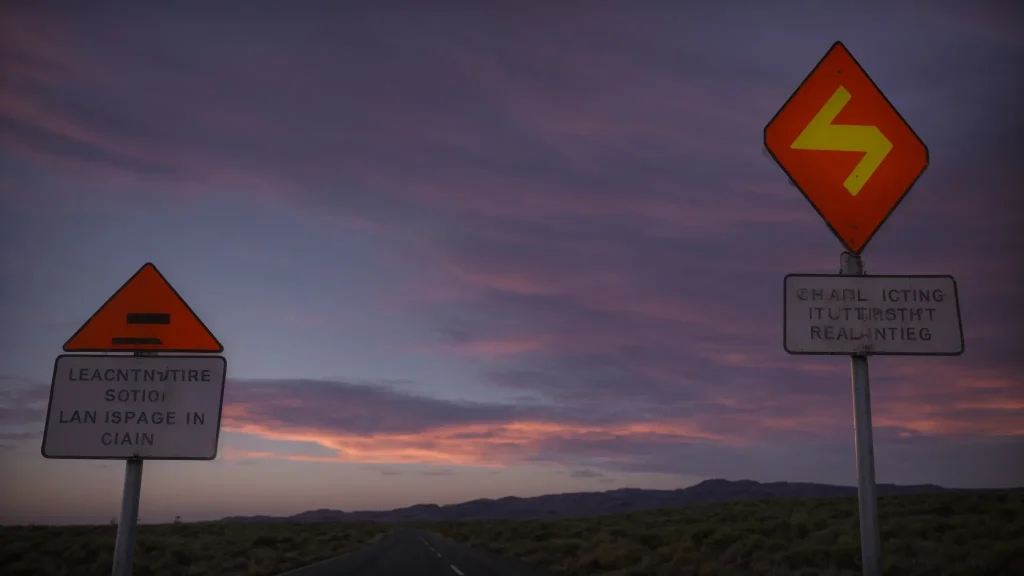 a striking juxtaposition of two road signs, one prominently displaying strict accident reporting regulations and the other illustrating lenient guidelines, set against a backdrop of diverse state landscapes under a dramatic twilight sky.