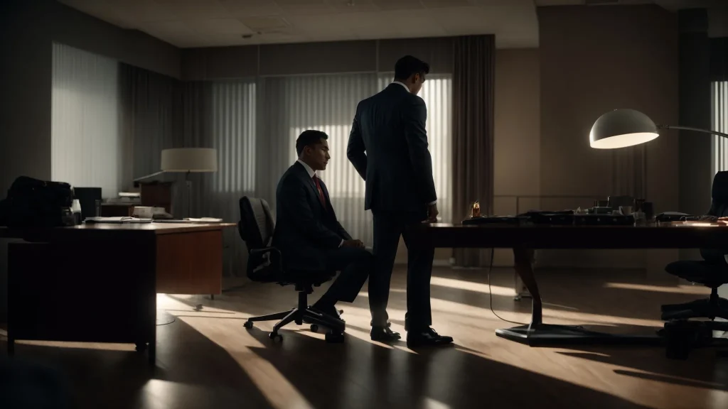 a tense moment unfolds as an insurance adjuster, clad in a sharp suit, engages a distressed accident victim in a dimly lit office, highlighting the critical exchange of information that could sway the claim's outcome.