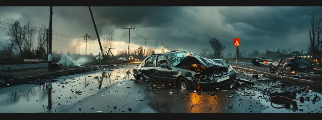 a tense moment unfolds at the scene of a car accident, showcasing a disrupted vehicle with a discarded seat belt, under moody overcast skies that highlight the urgency of safety and legal preparations in the aftermath.