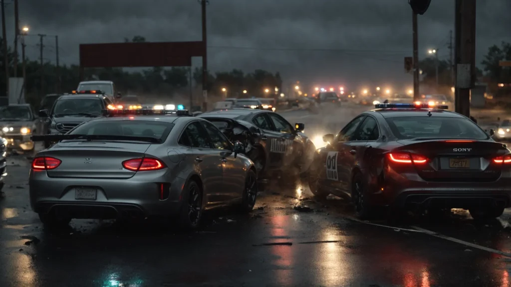 a tense scene unfolds at a car accident site, showcasing two vehicles with tangled metal under a gloomy overcast sky, as individuals exchange essential documents amidst the flashing lights of a police car, capturing the urgency and gravity of post-collision responsibilities.
