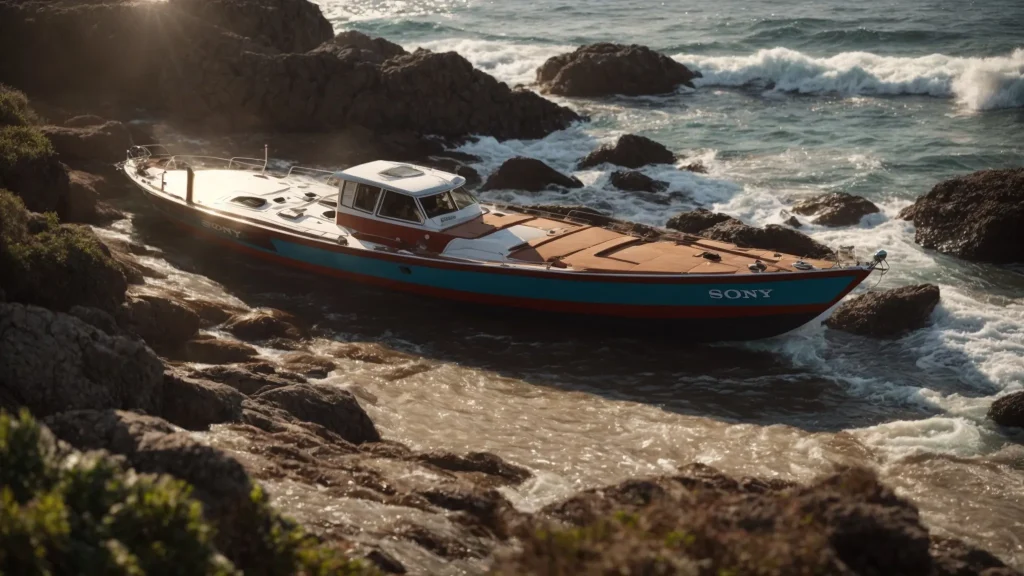 a tense yet focused scene captures a sunlit boat accident site, where an adjuster meticulously examines debris against a backdrop of gentle waves, symbolizing the complexities of the insurance claims process.