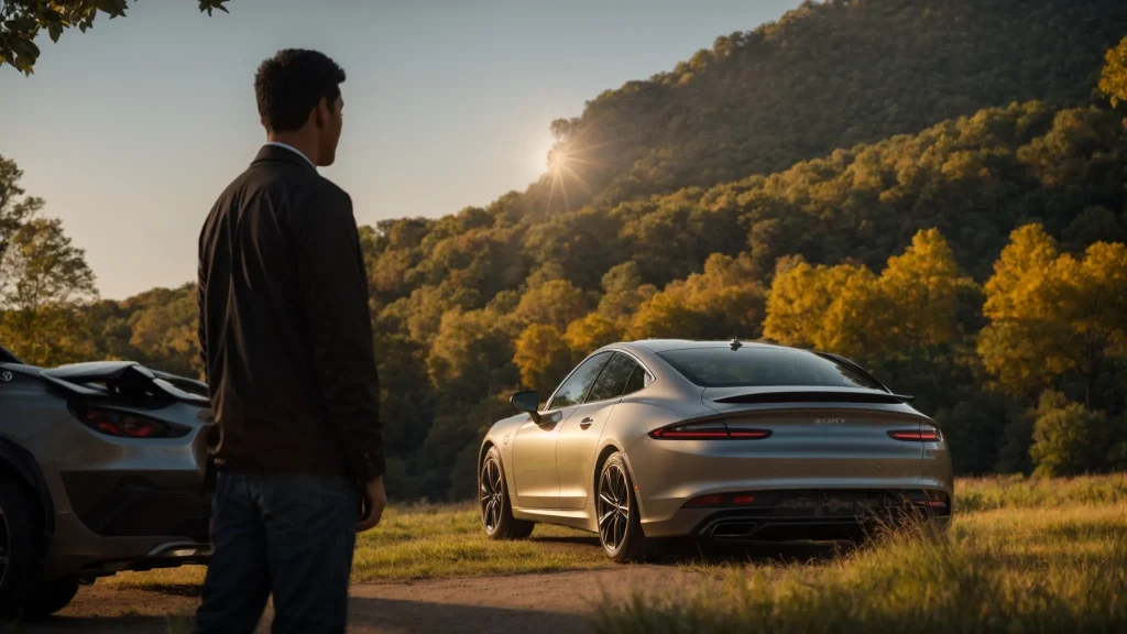 a thoughtful individual stands beside a parked car, gazing at an open insurance policy document, with the vibrant indiana landscape in the background, symbolizing the journey of understanding car accident coverage.