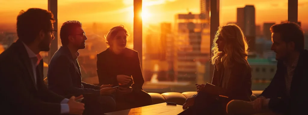 a tranquil cityscape at sunset captures a diverse group of individuals in deep discussion, symbolizing the vital exchange of knowledge on state-specific car accident laws amid a backdrop of legal buildings and a fading orange sky.