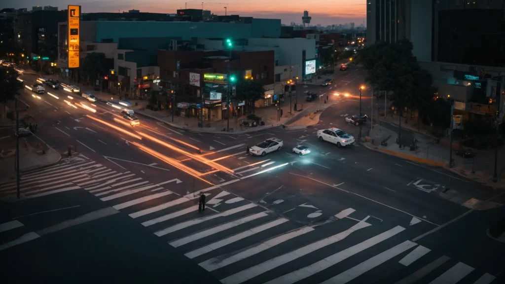 a vibrant city intersection at dusk, showcasing pedestrians safely crossing the street with clearly marked traffic signals and visible speed limit signs, emphasizing the importance of traffic rules for pedestrian safety.