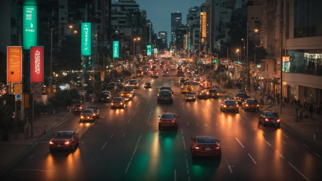 a vibrant city street at dusk, illuminated by glowing traffic lights and adorned with road safety signs, showcasing a diverse group of drivers and pedestrians engaging in safe road practices amidst a backdrop of dynamic urban life.