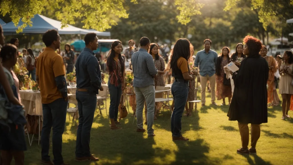 a vibrant community gathering in a sunlit park, where local car accident lawyers engage with families in educational workshops about road safety, fostering a sense of togetherness and awareness.