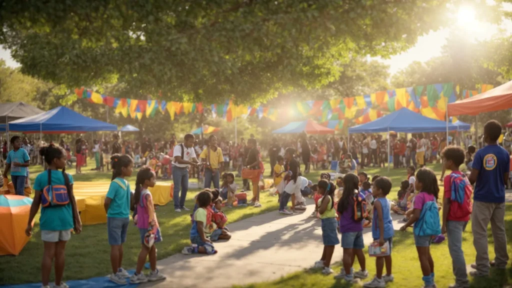 a vibrant community gathering takes place in a sunlit park, featuring children engaging in interactive traffic safety workshops while local officials and law enforcement officers distribute educational materials, all set against a backdrop of colorful banners promoting pedestrian safety.