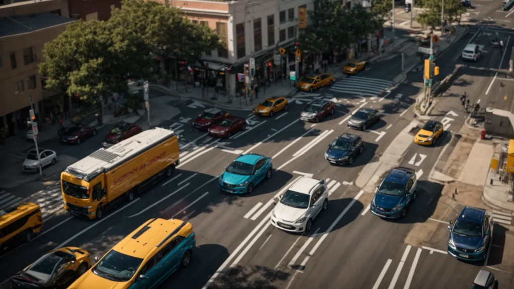 a vibrant scene depicting a busy intersection with diverse vehicles and clear road signs, symbolizing the complexity of state-specific traffic laws and their impact on automobile safety and legal outcomes.