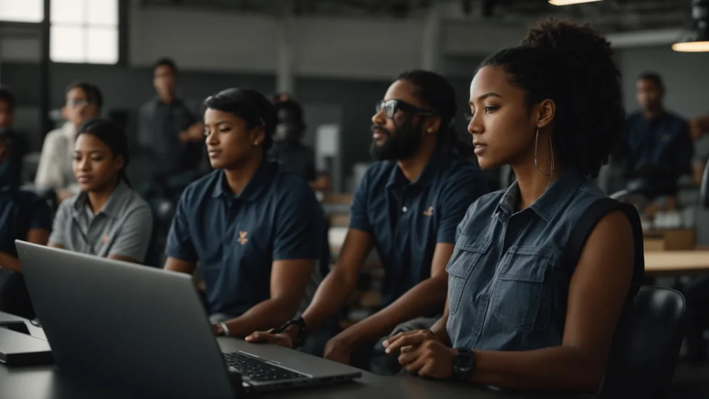 a vibrant training session in a modern workshop features a diverse group of engaged employees attentively participating in a dynamic safety discussion, illuminated by soft natural light filtering through large windows, emphasizing a culture of proactive learning and collaboration.