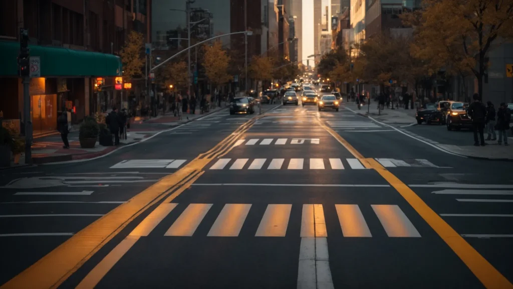 a vibrant urban crosswalk illuminated by bright traffic signals, featuring clear pedestrian signage and safety barriers that create a secure pathway amid bustling roadways.