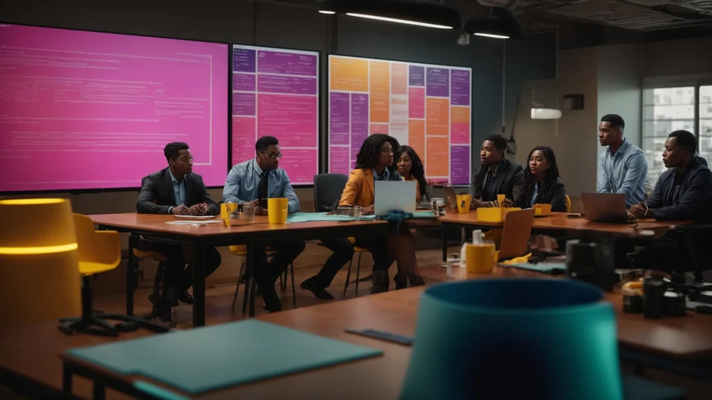 a vibrant workplace scene captures employees engaged in a collaborative safety training session, surrounded by colorful safety posters and equipment, under warm, inviting lighting that emphasizes a culture of proactive communication and teamwork.