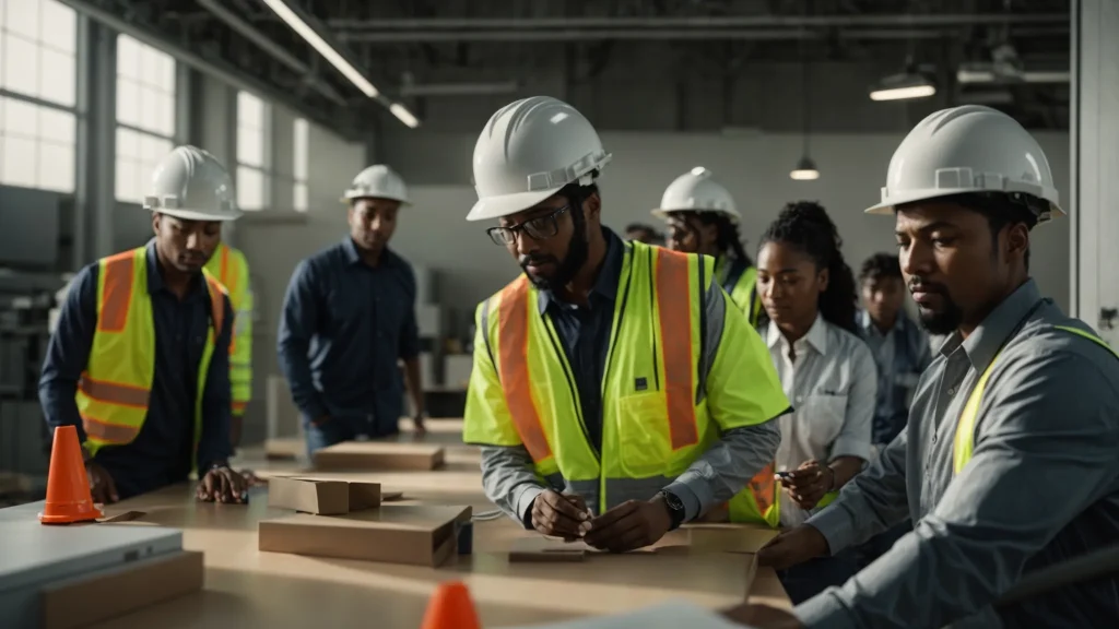 a vibrant workplace scene showcasing a diverse group of employees engaged in a dynamic safety training session, surrounded by safety equipment and enthusiastic teamwork, illuminated by bright, natural light.