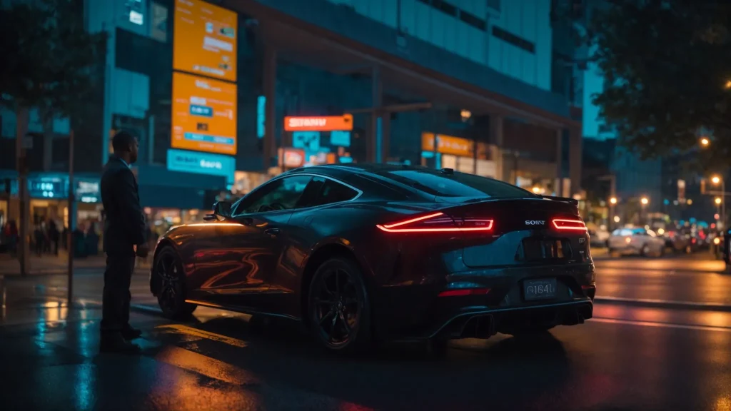 a vigilant driver studies a vibrant digital display board highlighting crucial updates on traffic laws, illuminated by the warm glow of a streetlamp at dusk.