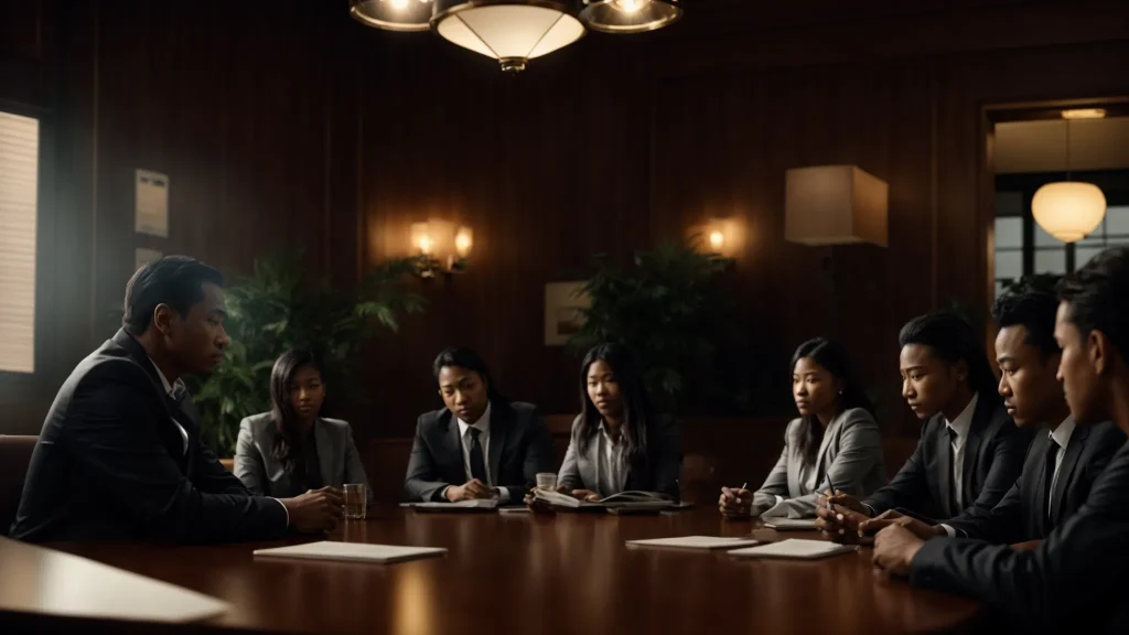 a visually compelling scene depicting a diverse group of individuals engaged in a detailed discussion around a table cluttered with legal directories and personal recommendations, illuminated by soft, focused lighting that enhances their expressions of determination and trust.