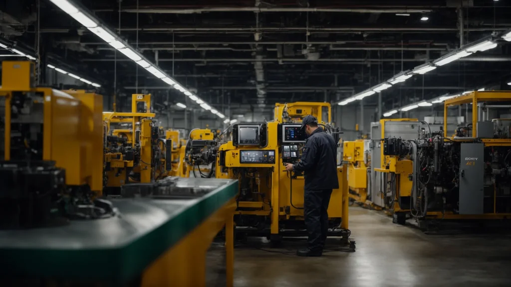a visually striking industrial setting showcases technicians performing preventive maintenance on complex machinery, with clear indicators of coolant and lubricant levels and advanced digital displays enhancing the atmosphere of efficiency and safety under bright, focused lighting.