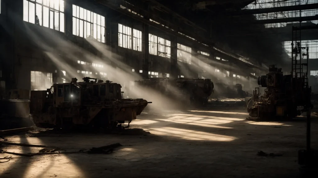 a visually striking scene captures a desolate factory floor, sunbeams piercing through dusty windows, illuminating abandoned machinery while a shadowy figure stands in the foreground, symbolizing the looming financial burden of workers' compensation on a struggling business.