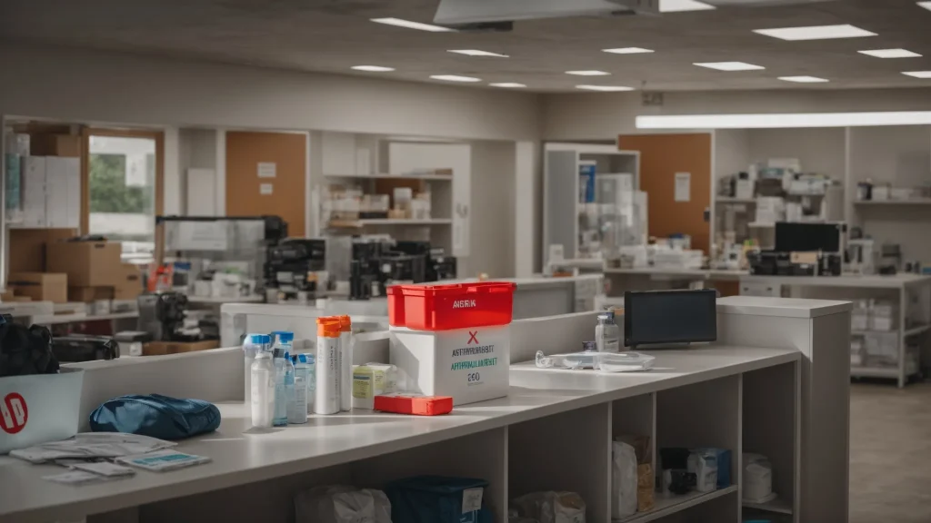a vivid scene showcasing a well-organized workplace emergency response area, featuring bright first aid supplies and clear safety signage, illuminated by natural light streaming through a nearby window, emphasizing the critical importance of preparedness and compliance.