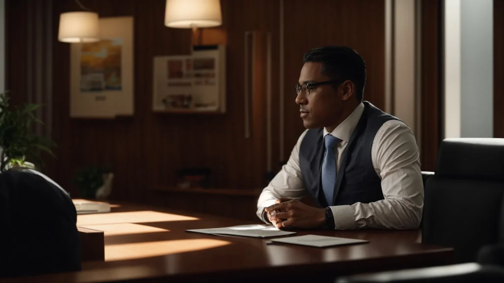 a warmly lit office setting showcases a trusting interaction between a confident attorney and a relieved client, embodying the strength of personal rapport in navigating the complexities of personal injury law.