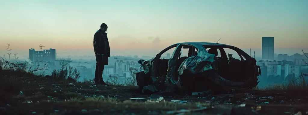 a weary individual stands before a damaged vehicle, embodying the emotional toll and complexity of navigating legal challenges surrounding vehicle defects, with a hazy cityscape in the background symbolizing obstacles and the pursuit of justice.