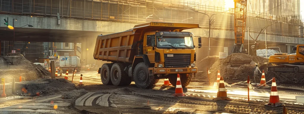a well-organized construction site showcases a large, yellow dump truck parked beside safety cones and clear signage, under bright sunlight that highlights workers engaged in a safety training session, emphasizing a culture of injury prevention.