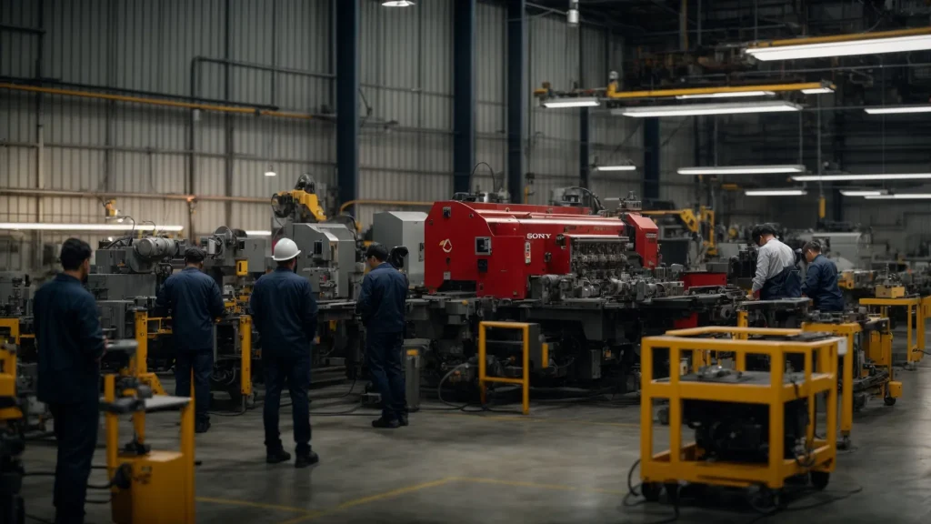 a well-lit industrial workshop showcases a diverse array of meticulously maintained machinery, with a team of focused employees actively inspecting equipment, highlighting the importance of safety and preventive maintenance in a collaborative environment.