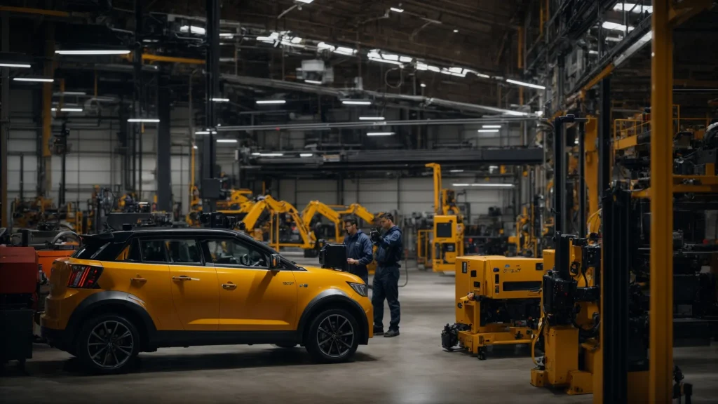 a well-lit industrial workshop showcases employees engaged in a dynamic safety training session, surrounded by advanced machinery, emphasizing the importance of safety protocols in preventing workplace injuries.