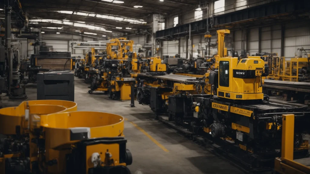 a well-lit industrial workspace showcases meticulously maintained heavy machinery, highlighting safety inspection stickers and compliance signage against a backdrop of organized tools, emphasizing the importance of workplace machinery safety.