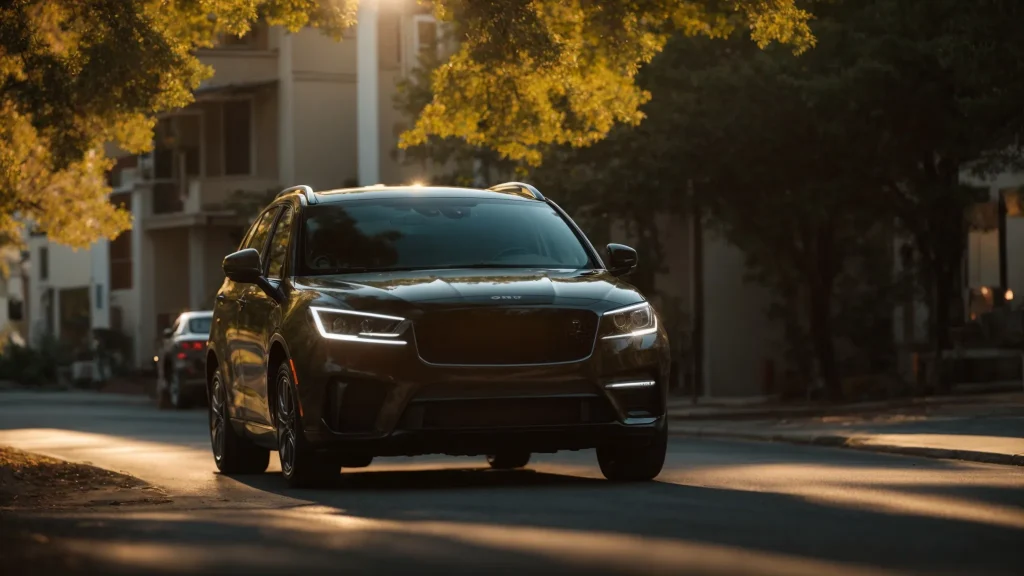 a well-maintained vehicle gleams in sunlight, parked in a serene roadside setting, showcasing pristine tires and shining lights, symbolizing safety and readiness for the journey ahead.