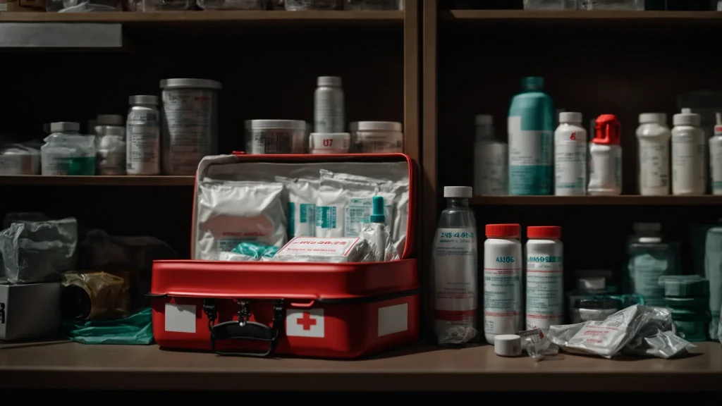 a well-organized first aid kit prominently displayed against a backdrop of industrial machinery, showcasing essential supplies like sterile dressings and bandages, illuminated by soft, natural light to emphasize readiness for emergencies.