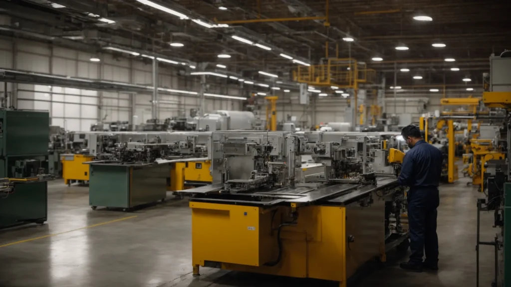 a well-organized industrial workspace, brightly lit and meticulously clean, showcases a group of employees engaged in machinery safety training, demonstrating their commitment to proper equipment usage and workplace safety protocols.