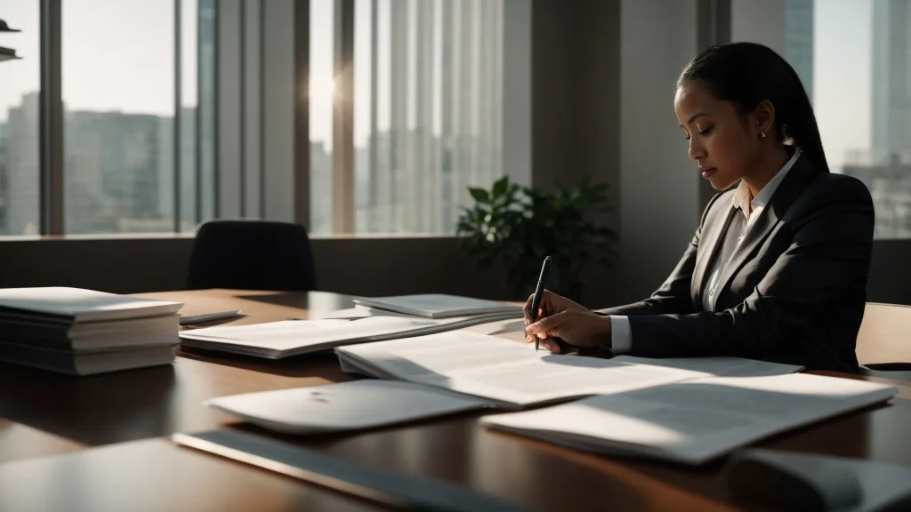 a determined legal consultant reviews essential documents in a sleek, modern office, illuminated by soft, natural light streaming through large windows, symbolizing hope and clarity for car crash negligence victims seeking justice.