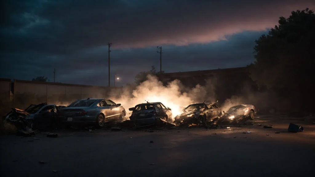 a dramatic scene captures the aftermath of a car crash, with a crumpled vehicle amid emergency lights and scattered debris under a twilight sky, emphasizing the urgent need for safety and legal awareness.