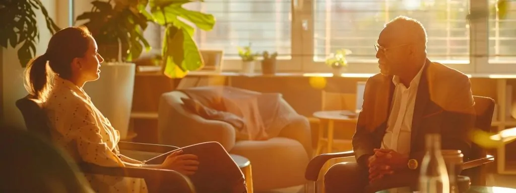a compassionate attorney sits attentively across from a distressed client in a warmly lit office, conveying empathy and understanding during a crucial conversation about workers' compensation.