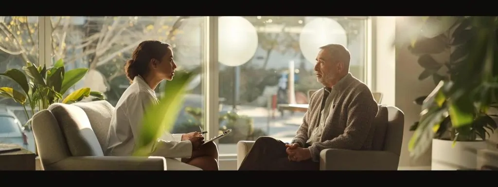 a compassionate counselor reviews workers&rsquo; compensation claim types with an injured employee in a modern office, bathed in soft, natural light, emphasizing support during recovery.