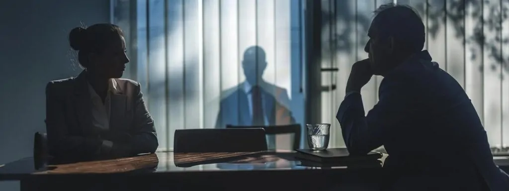 a concerned client sits at a table across from a mysterious attorney, with shadowy figures symbolizing hidden fees looming in the background, highlighting the theme of transparency in legal billing practices.