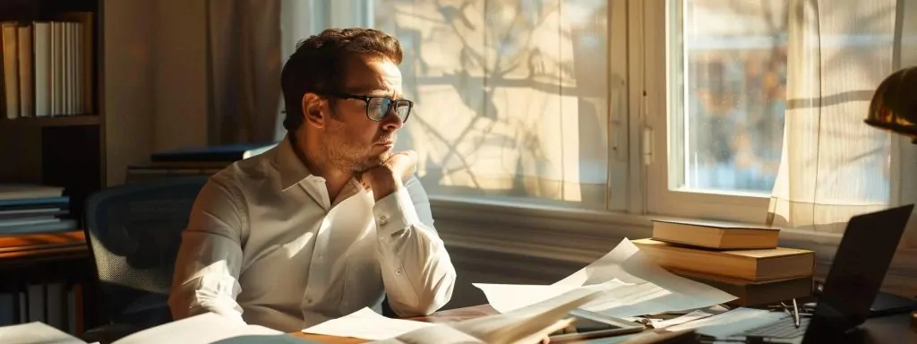a concerned individual sits at a desk, surrounded by important documents and a laptop, deep in thought about the challenging decision to consult a workers' compensation attorney illuminated by soft, natural light streaming through a nearby window.
