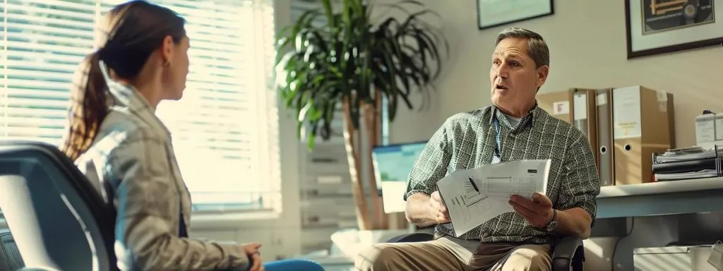 a concerned worker sits in a well-lit office environment, holding a medical report while talking to a supportive supervisor, emphasizing the urgency and importance of reporting a workplace injury for proper care and documentation.